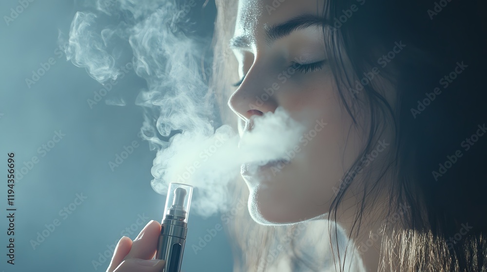 Fototapeta premium Young Woman Exhaling Vapor From Electronic Cigarette