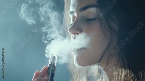 Young Woman Exhaling Vapor From Electronic Cigarette photo