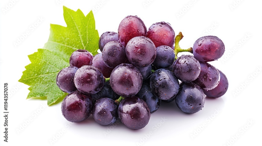 Bunch of fresh purple grapes with dew drops and green leaves on a white background showcasing natural fruits and healthy snacking options Bunch of fresh purple grapes with dew drops and green leaves on a white background showcasing natural fruits and healthy snacking options