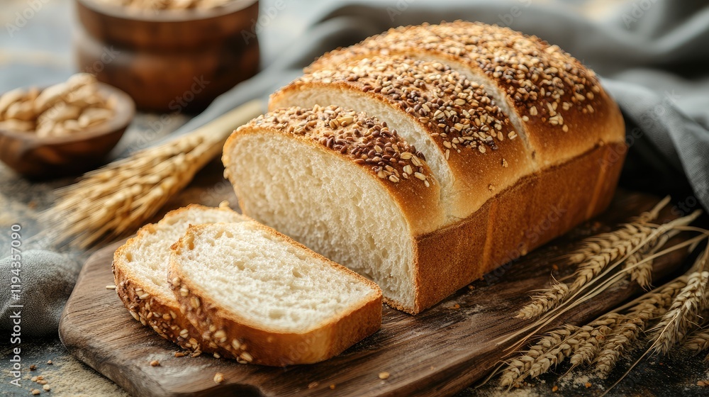 Artisan White Bread Loaf with Oats and Slices on Rustic Wooden Board Surrounded by Wheat and Nuts in Cozy Kitchen Setting Artisan White Bread Loaf with Oats and Slices on Rustic Wooden Board Surrounded by Wheat and Nuts in Cozy Kitchen Setting