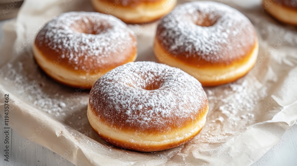 Delicious Freshly Baked Donuts Sprinkled with Powdered Sugar on Rustic Paper Background Delicious Freshly Baked Donuts Sprinkled with Powdered Sugar on Rustic Paper Background