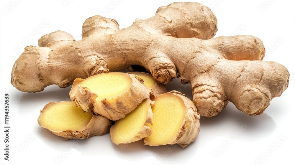 Fresh ginger rhizome with sliced pieces on a white background showcasing its natural texture and flavor for culinary and health purposes Fresh ginger rhizome with sliced pieces on a white background showcasing its natural texture and flavor for culinary and health purposes