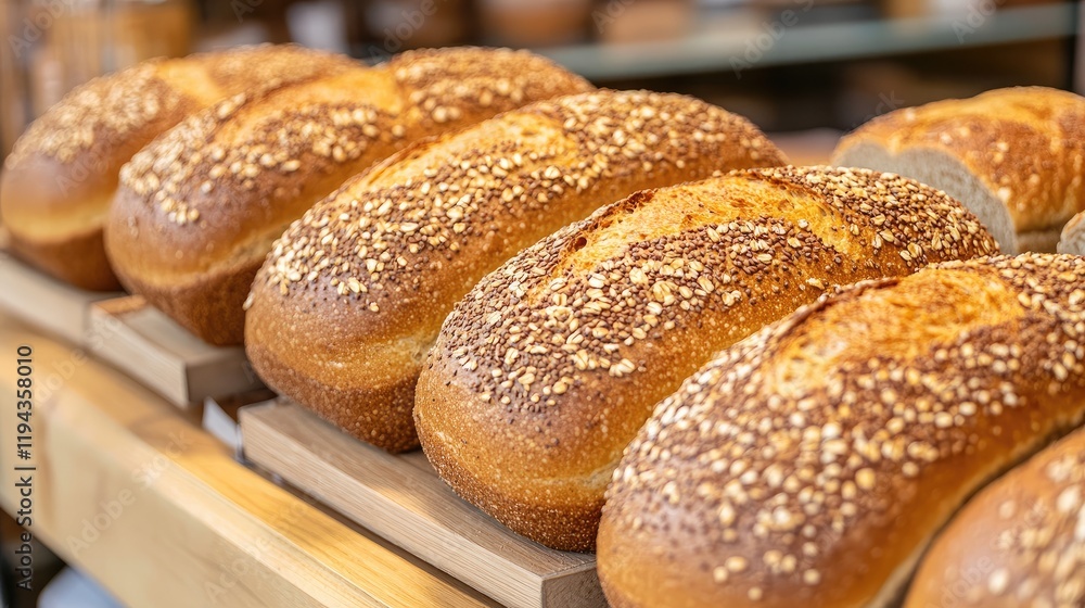 Whole Grain Tri Corn Bread Loaves Displayed Freshly Baked in Artisan Bakery Setting Whole Grain Tri Corn Bread Loaves Displayed Freshly Baked in Artisan Bakery Setting
