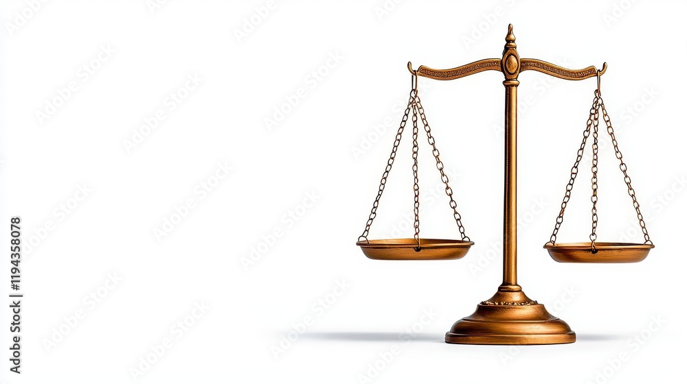 A photostock of elegant gold and bronze balance scales symbolizing justice, isolated on a clean white background, professional and symbolic, High Quality A photostock of elegant gold and bronze balance scales symbolizing justice, isolated on a clean white background, professional and symbolic, High Quality