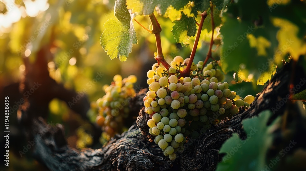 Fototapeta premium Vibrant green grapes ripening on the vine amidst sunlit vineyard foliage showcasing nature's beauty and agricultural abundance