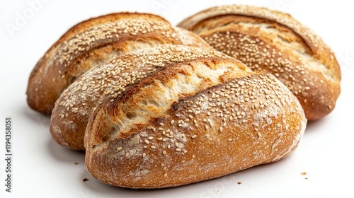 Freshly baked artisanal sourdough bread with sesame seeds on a clean white background showcasing crusty texture and golden hue