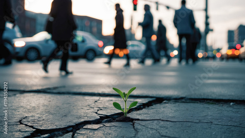 Green plant emerges from cracked pavement in urban setting at dusk with busy pedestrians and cars nearby