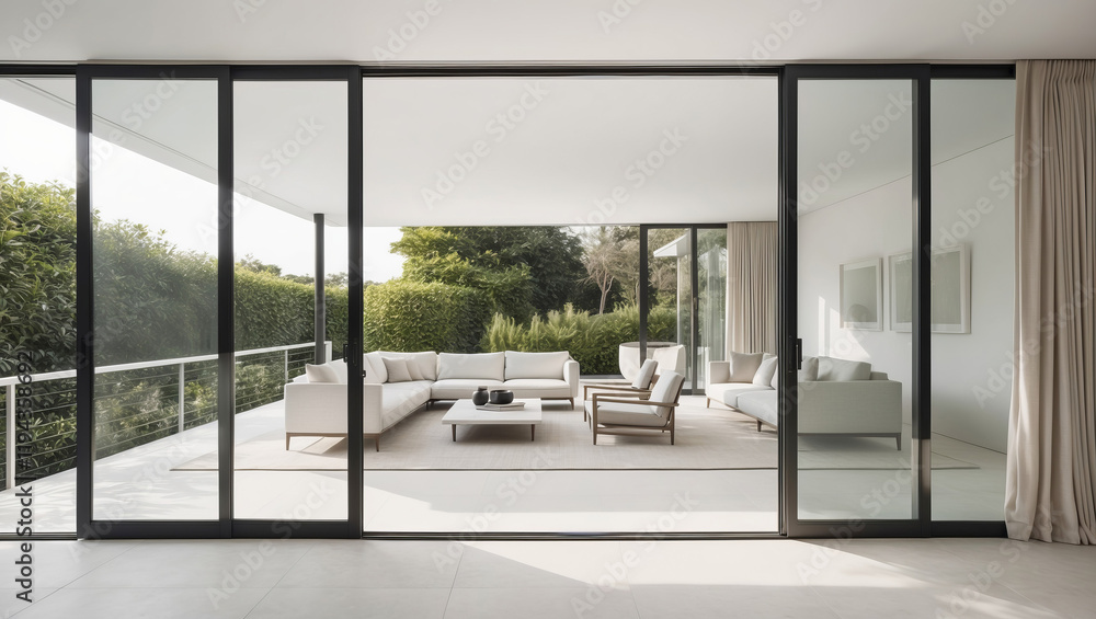 Obraz premium Modern living room design with large glass doors and outdoor greenery in a contemporary home setting