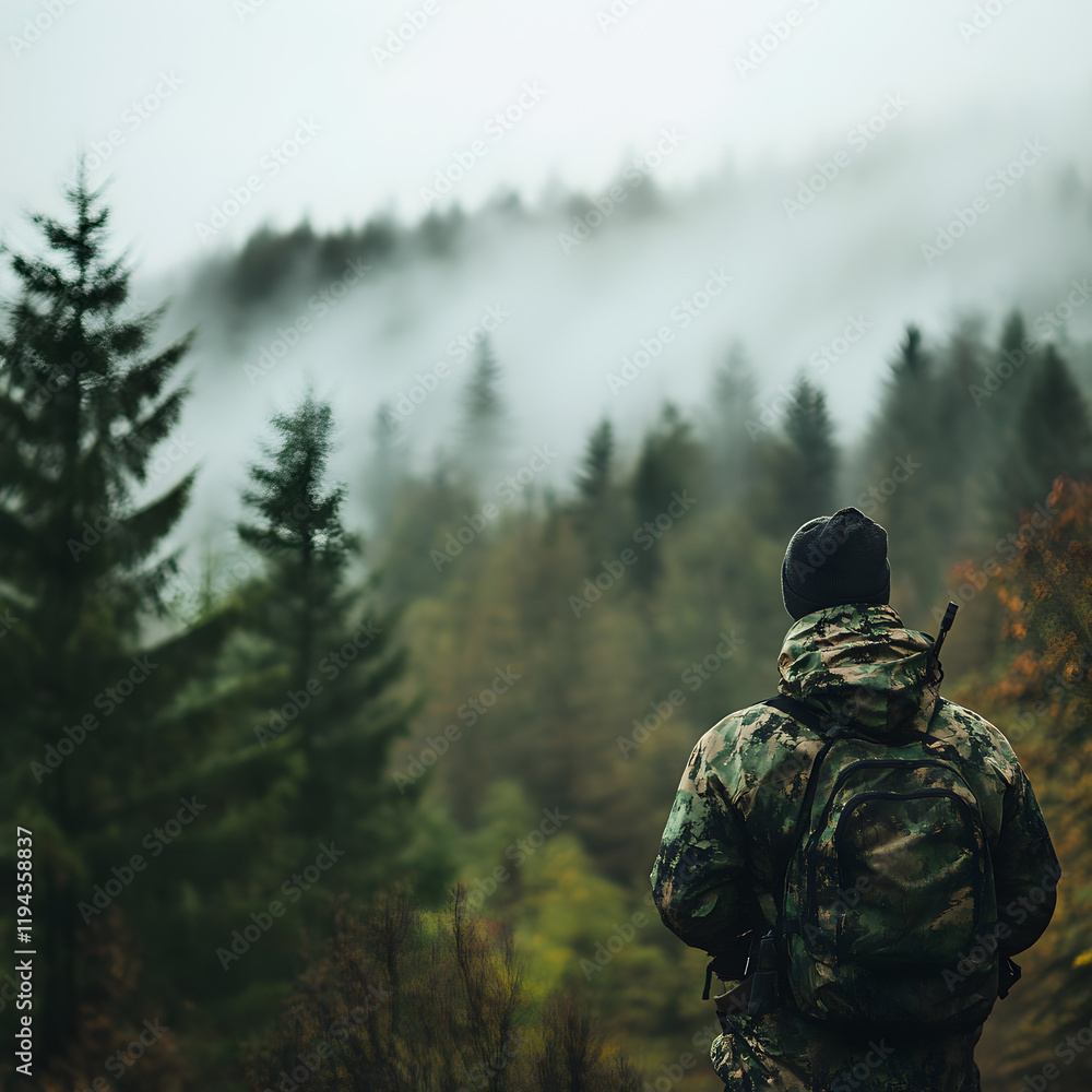 A hunter overlooking a foggy mountain A hunter overlooking a foggy mountain