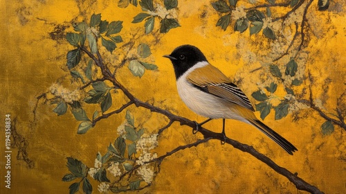 Golden Whistler perched on a branch surrounded by vibrant foliage and blossoms against a golden backdrop in an artistic depiction. photo