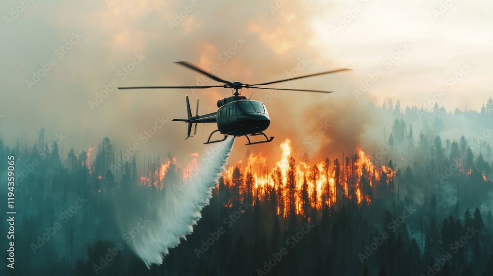 Naklejka premium A helicopter douses a forest fire with water, battling flames and smoke rising from the trees in the background.