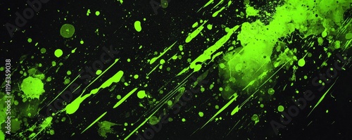 Abstract lime green paint splatters on black background.
