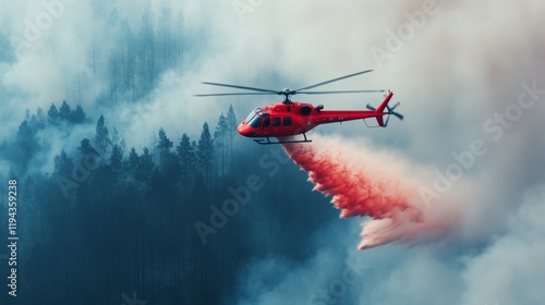 A red helicopter drops fire retardant over a forest engulfed in smoke, showcasing aerial firefighting efforts against wildfires.