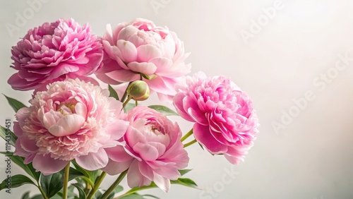 Delicate pink peony flowers in full bloom against a soft white background