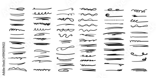 Set of handmade lines, brush lines, underlines. Hand-drawn collection of doodle style various shapes. Lettering Art Lines. Isolated on white. Vector