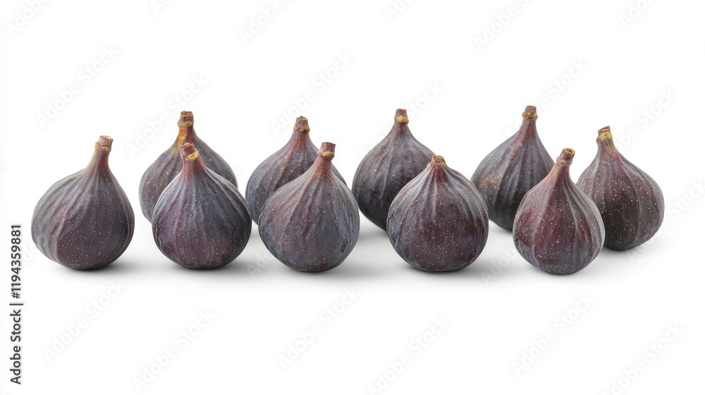 Fototapeta premium Fresh ripe figs arranged on a clean white background showcasing their unique shape and rich color for culinary and health-related uses