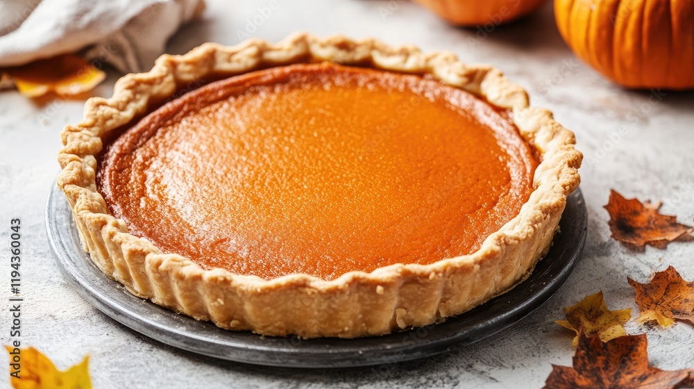 Delicious freshly baked pumpkin pie with a golden crust on a light pastel background surrounded by autumn leaves and pumpkins Delicious freshly baked pumpkin pie with a golden crust on a light pastel background surrounded by autumn leaves and pumpkins