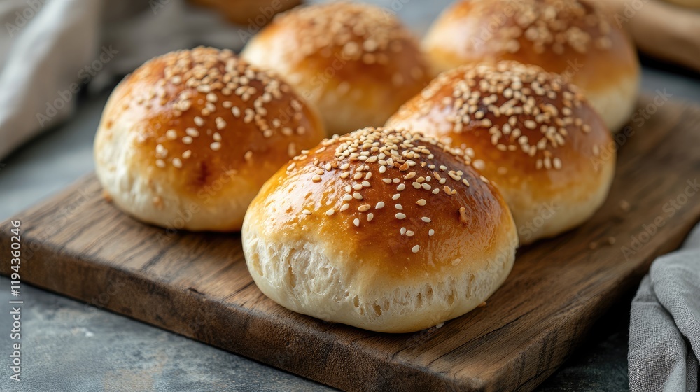 Freshly Baked Golden Sesame Buns on Wooden Board with Neutral Textured Background for Culinary or Bakery Themes Freshly Baked Golden Sesame Buns on Wooden Board with Neutral Textured Background for Culinary or Bakery Themes