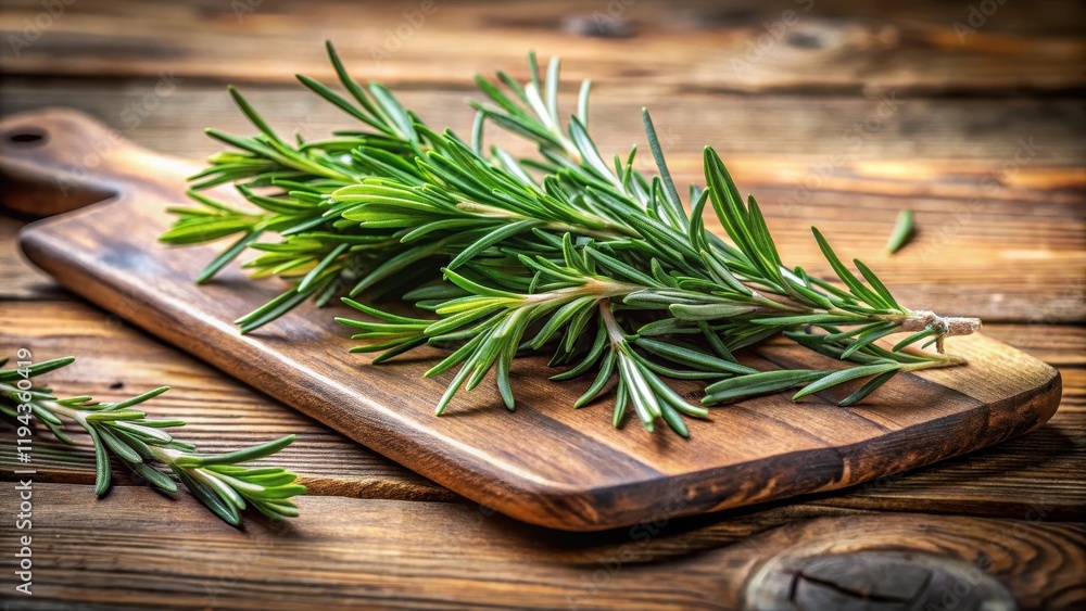 Close-up of fragrant fresh rosemary sprigs on a rustic wooden cutting board, with a few leaves scattered around