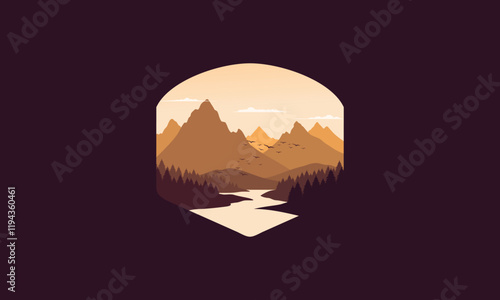 Landscape badge flat vector design illustration of mountains, calm river and silhouettes of pine trees, soft orange gradations layered