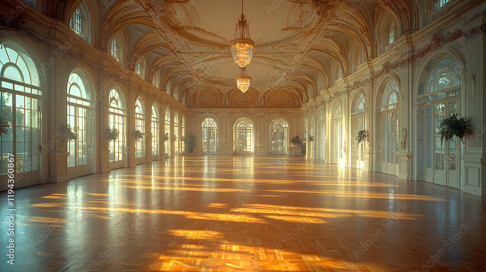 Obraz premium Sunlit grand ballroom with arched windows and hardwood floor.