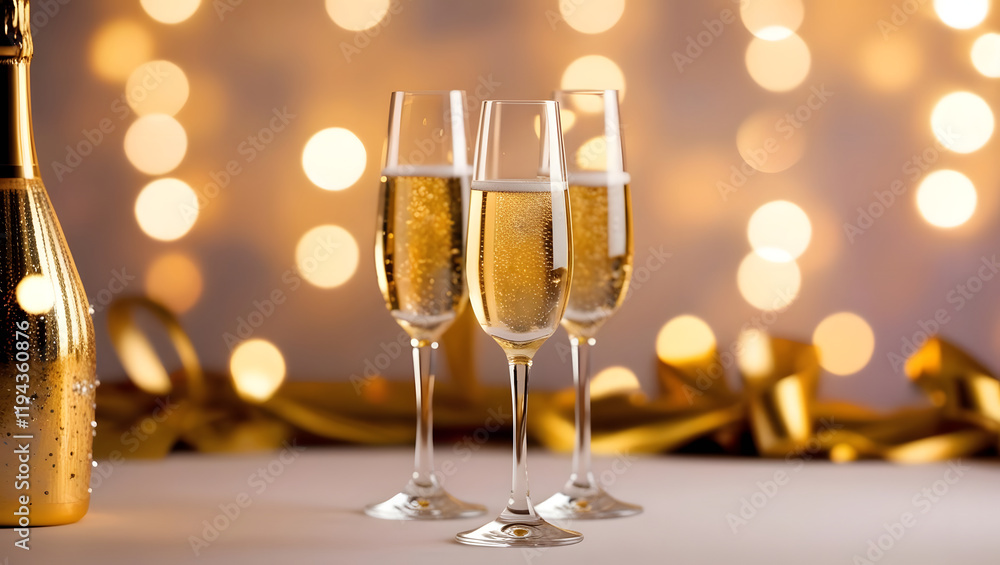 Celebrate New Year Eve with sparkling champagne in elegant flutes, surrounded by festive bokeh lights and golden ribbons, creating joyful atmosphere Celebrate New Year Eve with sparkling champagne in elegant flutes, surrounded by festive bokeh lights and golden ribbons, creating joyful atmosphere