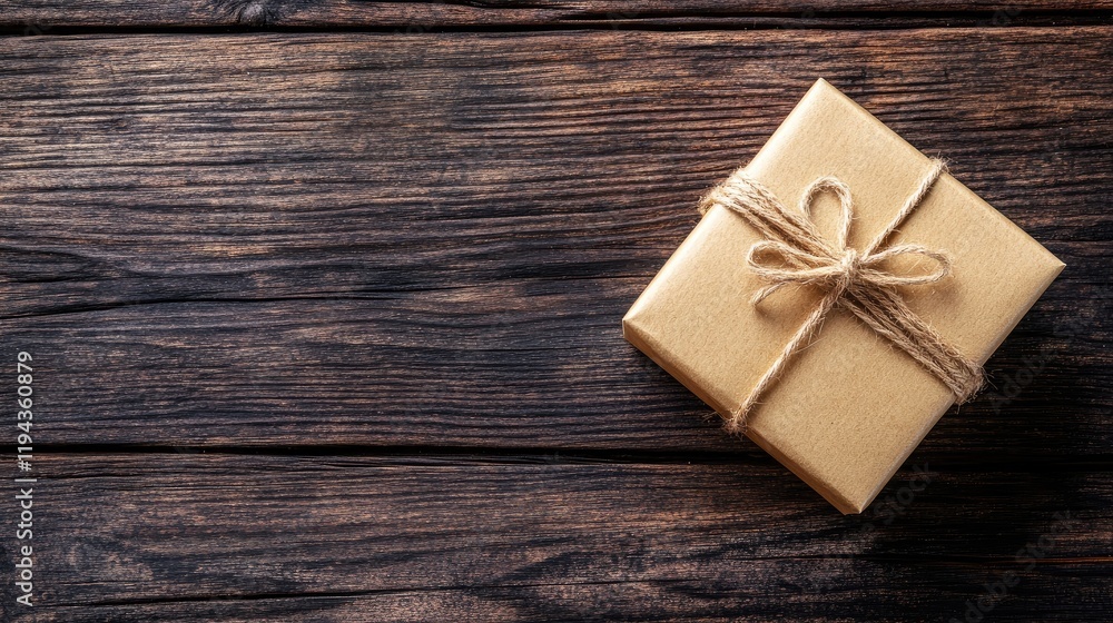 Elegant golden gift box tied with twine on rustic wooden table with ample empty space for personalized text or festive decor elements. Elegant golden gift box tied with twine on rustic wooden table with ample empty space for personalized text or festive decor elements.