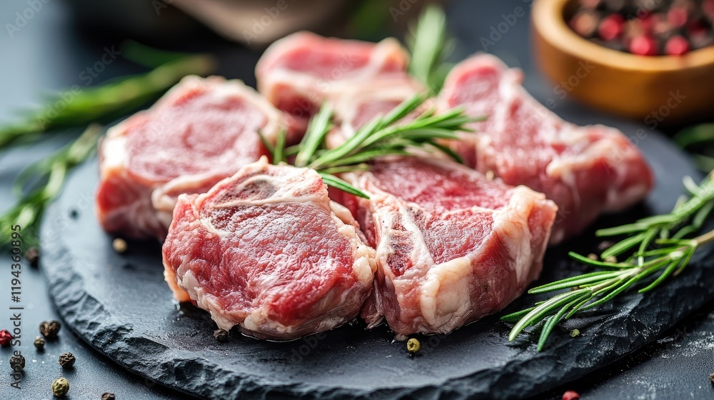 Raw goat meat cuts garnished with fresh rosemary on a slate plate against a rustic background showcasing farm-fresh quality. Raw goat meat cuts garnished with fresh rosemary on a slate plate against a rustic background showcasing farm-fresh quality.