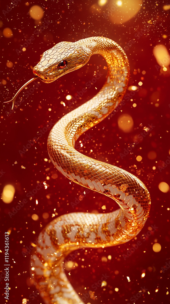 Golden snake with glittering red background. Chinese New Year Theme Background for Year of the Snake.
