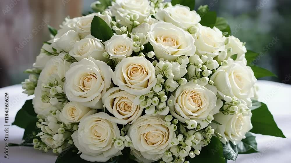 stunning round bridal bouquet white flowers including roses eustomas displayed elegantly table wedding decor stunning round bridal bouquet white flowers including roses eustomas displayed elegantly table wedding decor