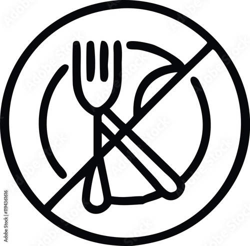 Black and white icon, no food allowed symbol, circular design, crossed out fork and knife, simple graphic, minimalist illustration, universal sign, dining prohibition, cafeteria signage, vector art, s