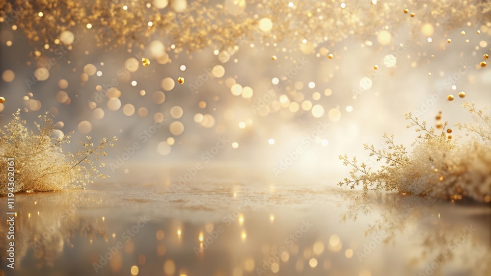 Fototapeta premium Golden Hour Sparkle Reflective Surface with Shimmering Plants and Falling Lights