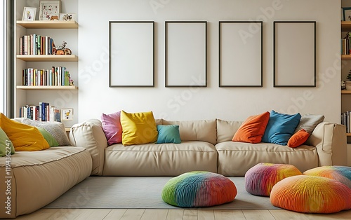 Colorful living room interior design, kids play area, bookshelves, mockup frames