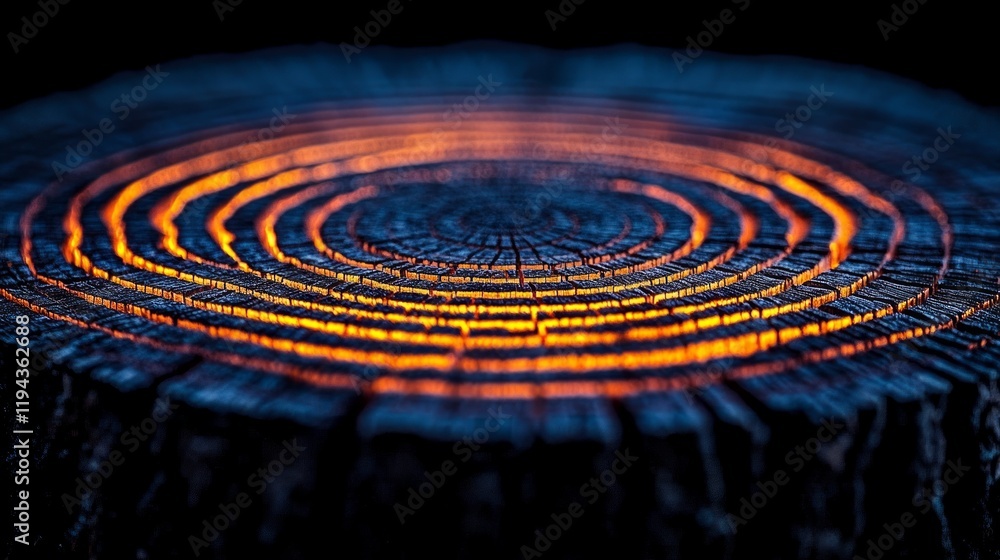 Glowing tree stump rings, dark background, nature texture, website design Glowing tree stump rings, dark background, nature texture, website design
