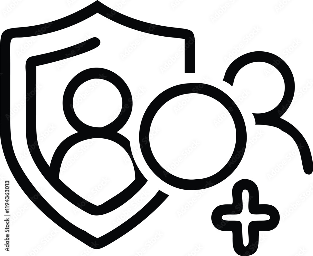 Simple line drawing, female silhouette, mother and child icon, shield symbol, prohibition sign, protection concept, black and white, minimalist design, iconic representation, family safety, vector gra Simple line drawing, female silhouette, mother and child icon, shield symbol, prohibition sign, protection concept, black and white, minimalist design, iconic representation, family safety, vector gra