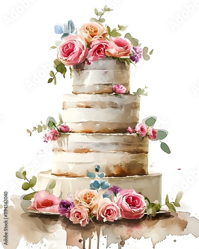 Watercolor Hand painted Wedding Tier Cake with flowers isolated ono white background, Wedding invitation card, Banner, HD, Love, Valentine's Day Foral Design, Marriage, Married, Happy Wedding