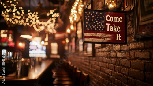 Vintage American Flag Sign with 'Come Take It' Message on Brick Wall at Night