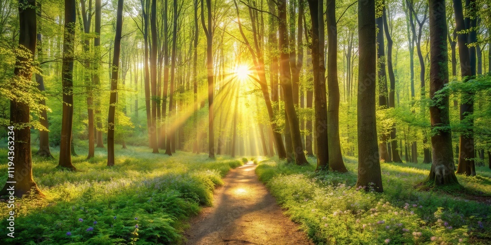 Fototapeta premium Sunlit Path Through a Spring Forest of Tall Trees and Blossoming Flowers