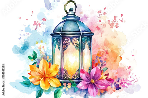 Fototapeta Naklejka Na Ścianę i Meble -  A colorful lantern surrounded by vibrant flowers in a watercolor style.