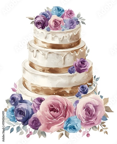 Watercolor Hand painted Wedding Tier Cake with flowers isolated ono white background, Wedding invitation card, Banner, HD, Love, Valentine's Day Foral Design, Marriage, Married, Happy Wedding