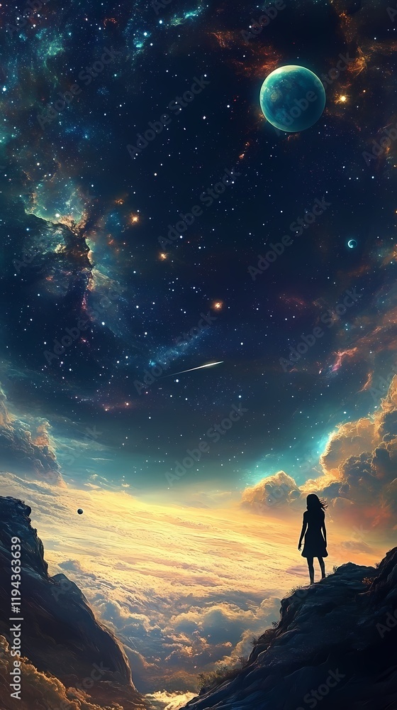 Fototapeta premium Digital technology universe planet character scene poster background