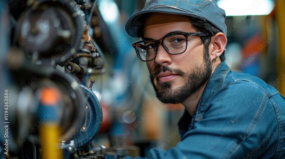 Skilled Engineer Engaged in Precision Work Amidst Industrial Equipment and Tools in Workshop Skilled Engineer Engaged in Precision Work Amidst Industrial Equipment and Tools in Workshop