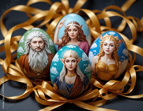 Colorful hand-painted eggs depicting mythological figures on a decorative backdrop with ribbons photo