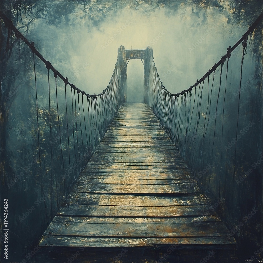 Obraz premium Misty Jungle Bridge: A Journey into the Unknown