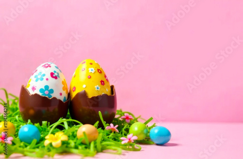 Two decorated Easter eggs sit atop vibrant green grass, surrounded by colorful candies against a pink backdrop photo