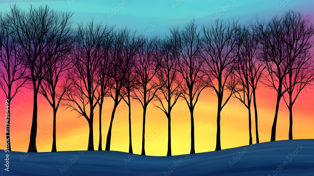 Silhouetted Trees at Vibrant Sunset Landscape Silhouetted Trees at Vibrant Sunset Landscape