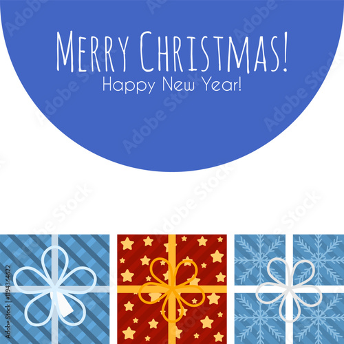 Square banner for Christmas and New Year promotion. Christmas congratulation card with cute gifts box on white background. Flat style banner for Christmas sale. Social media and print square banner.