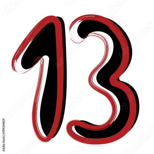 Hand drawn lettering 13. Decorative vector lettering in doodle style for Halloween party, design, stickers, posters, print. Handwritten creepy number in black and red colors. Isolated on white back.