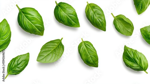 A photostock of realistic fresh basil and mint leaves scattered across the frame, isolated on a clean white background, crisp and aromatic, High Quality