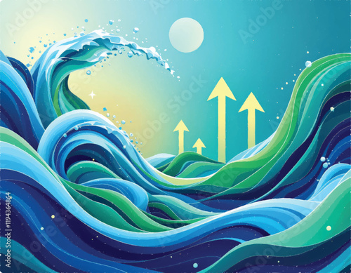 vector of abstract waves and arrows high up represent business flow with copy space and sun on it